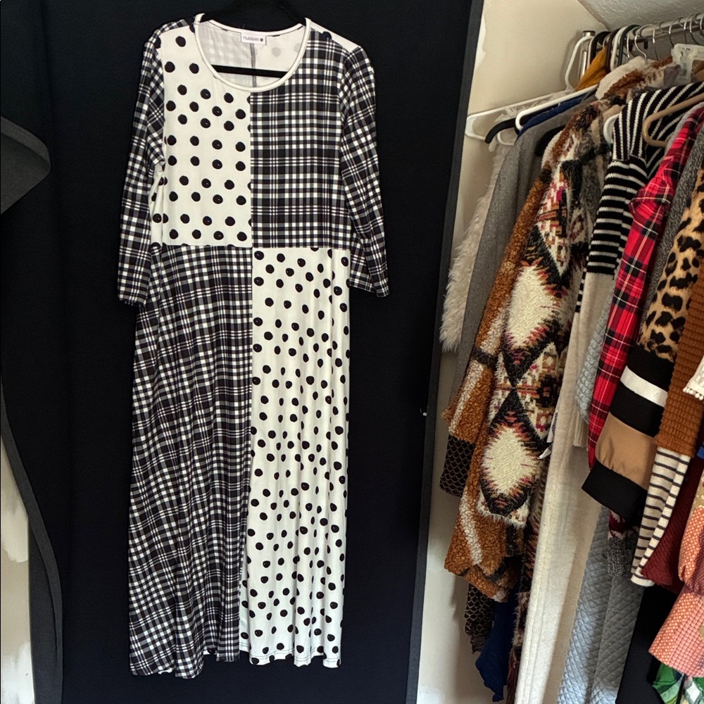 Black and White Patchwork Maxi Dress with Mixed Prints